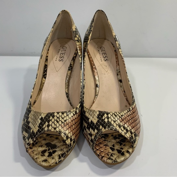 GUESS by Marciano Brown Tan Snakeskin Print Open Toe Kitty Heels Shoes Size 6 - Picture 6 of 13